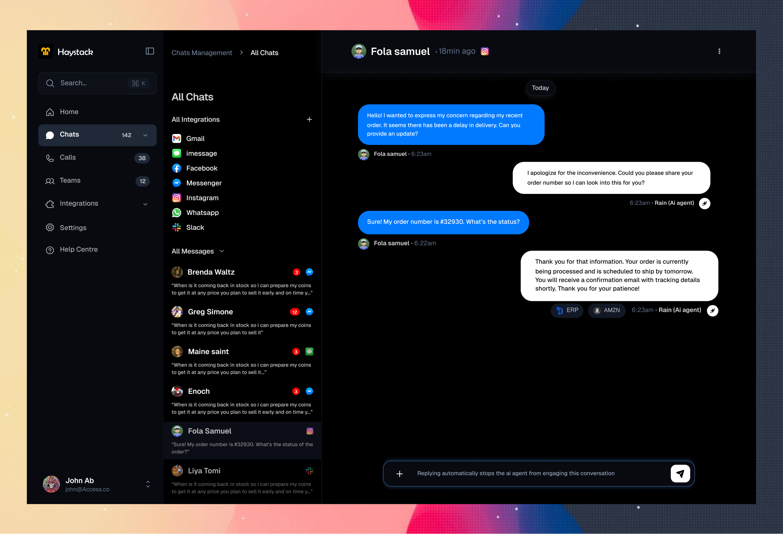 Haystack Dark Mode - Active Chat & AI Triage